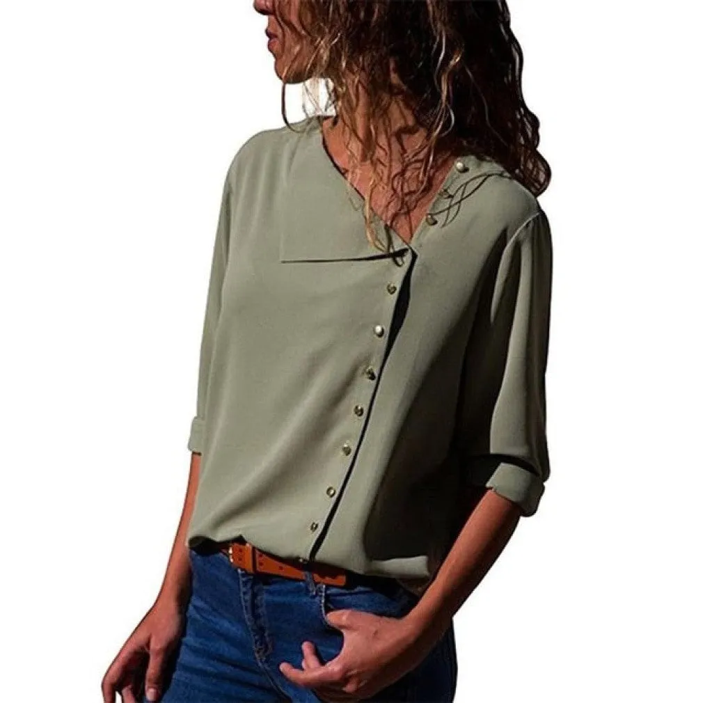ContiNent 33 Women Tops And Blouses Fashion Long Sleeve Skew Collar Chiffon Blouse Casual Tops Plus Size Elegent Work Wear Shirt