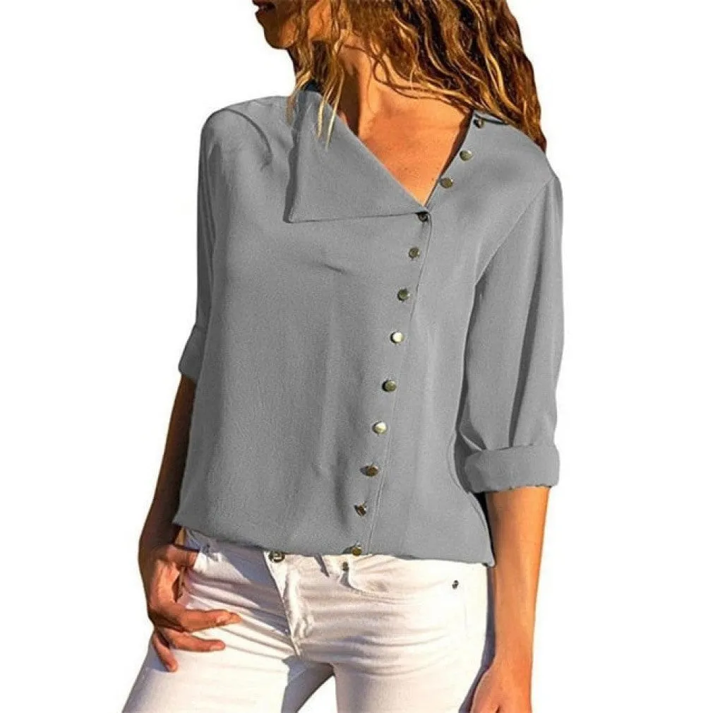 ContiNent 33 Women Tops And Blouses Fashion Long Sleeve Skew Collar Chiffon Blouse Casual Tops Plus Size Elegent Work Wear Shirt