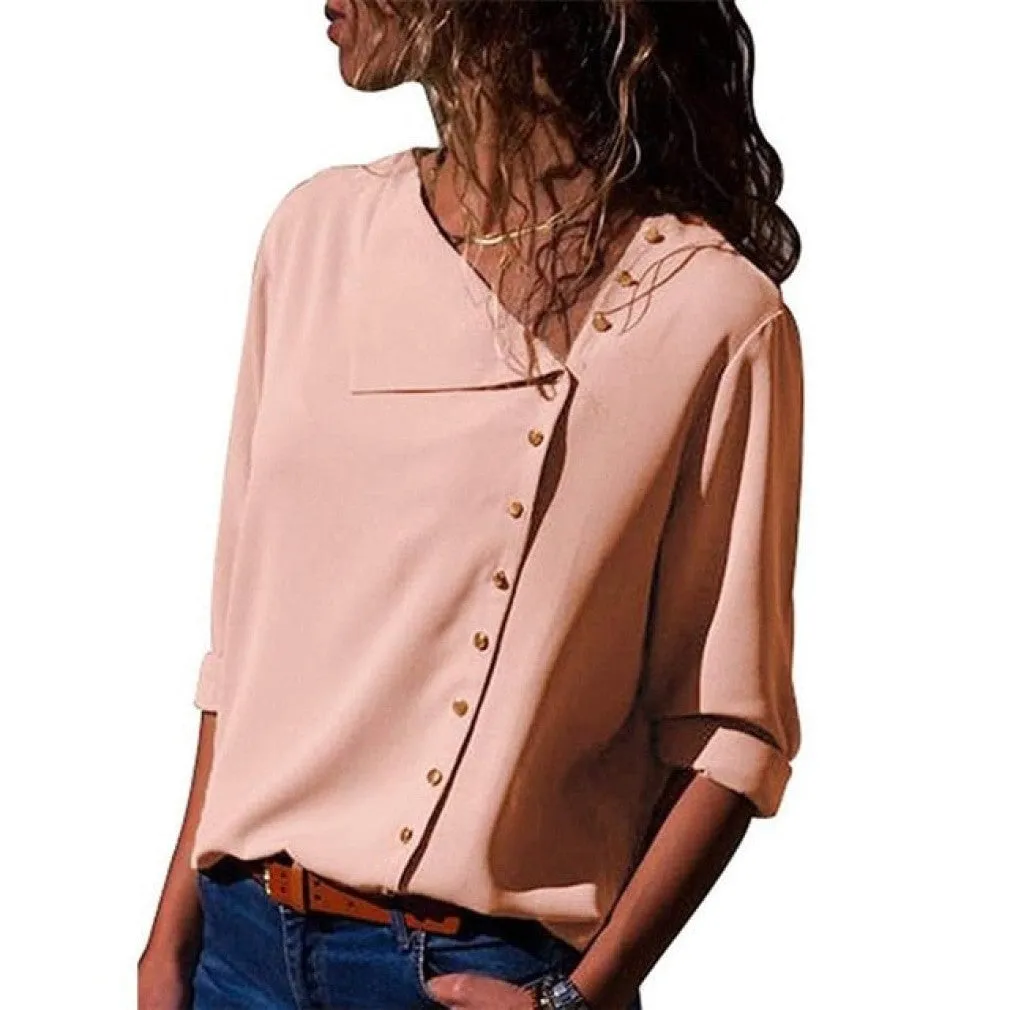 ContiNent 33 Women Tops And Blouses Fashion Long Sleeve Skew Collar Chiffon Blouse Casual Tops Plus Size Elegent Work Wear Shirt