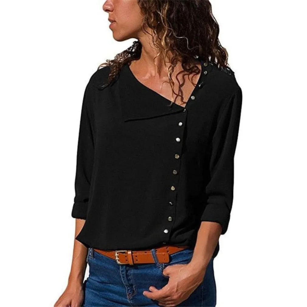 ContiNent 33 Women Tops And Blouses Fashion Long Sleeve Skew Collar Chiffon Blouse Casual Tops Plus Size Elegent Work Wear Shirt