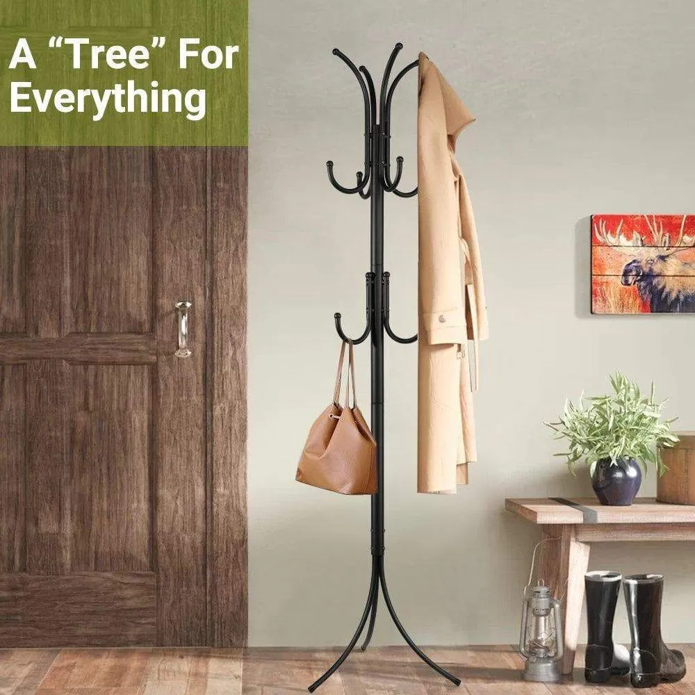 Cozzine Coat Rack Coat Tree Hat Hanger Holder 11 Hooks for Jacket Umbrella Tree Stand with Base Metal (Black)