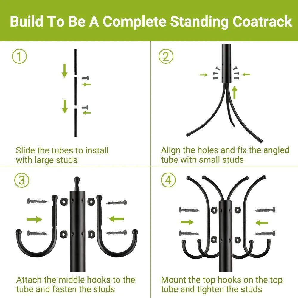 Cozzine Coat Rack Coat Tree Hat Hanger Holder 11 Hooks for Jacket Umbrella Tree Stand with Base Metal (Black)