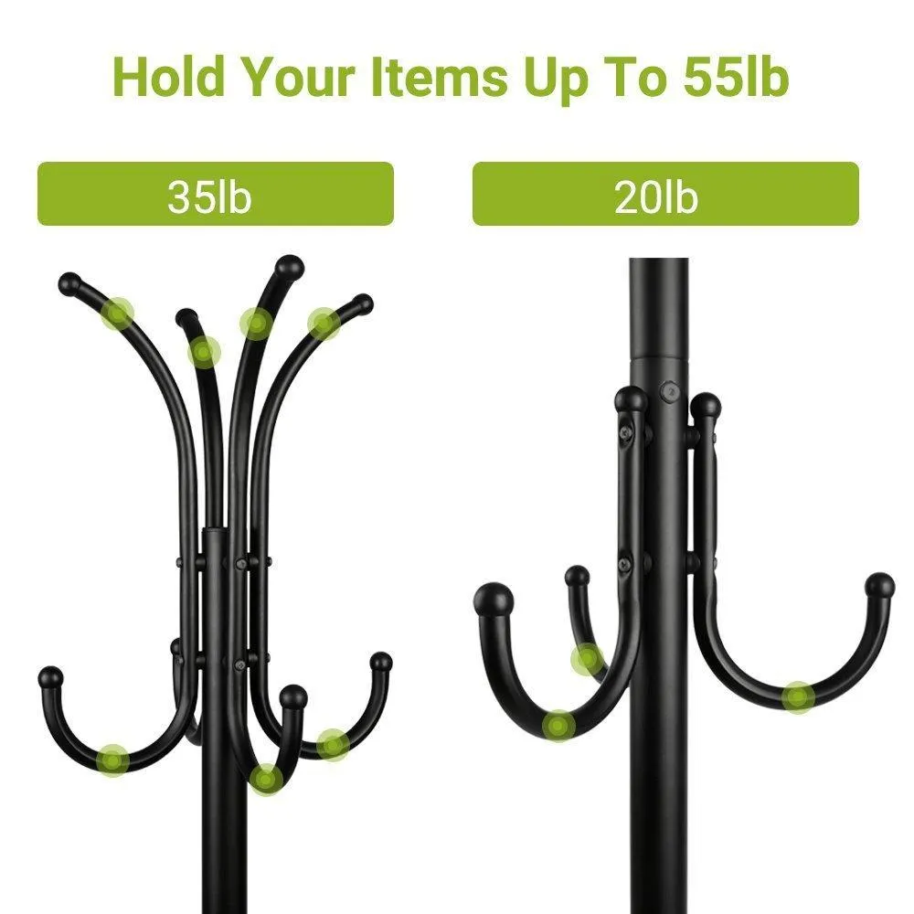 Cozzine Coat Rack Coat Tree Hat Hanger Holder 11 Hooks for Jacket Umbrella Tree Stand with Base Metal (Black)