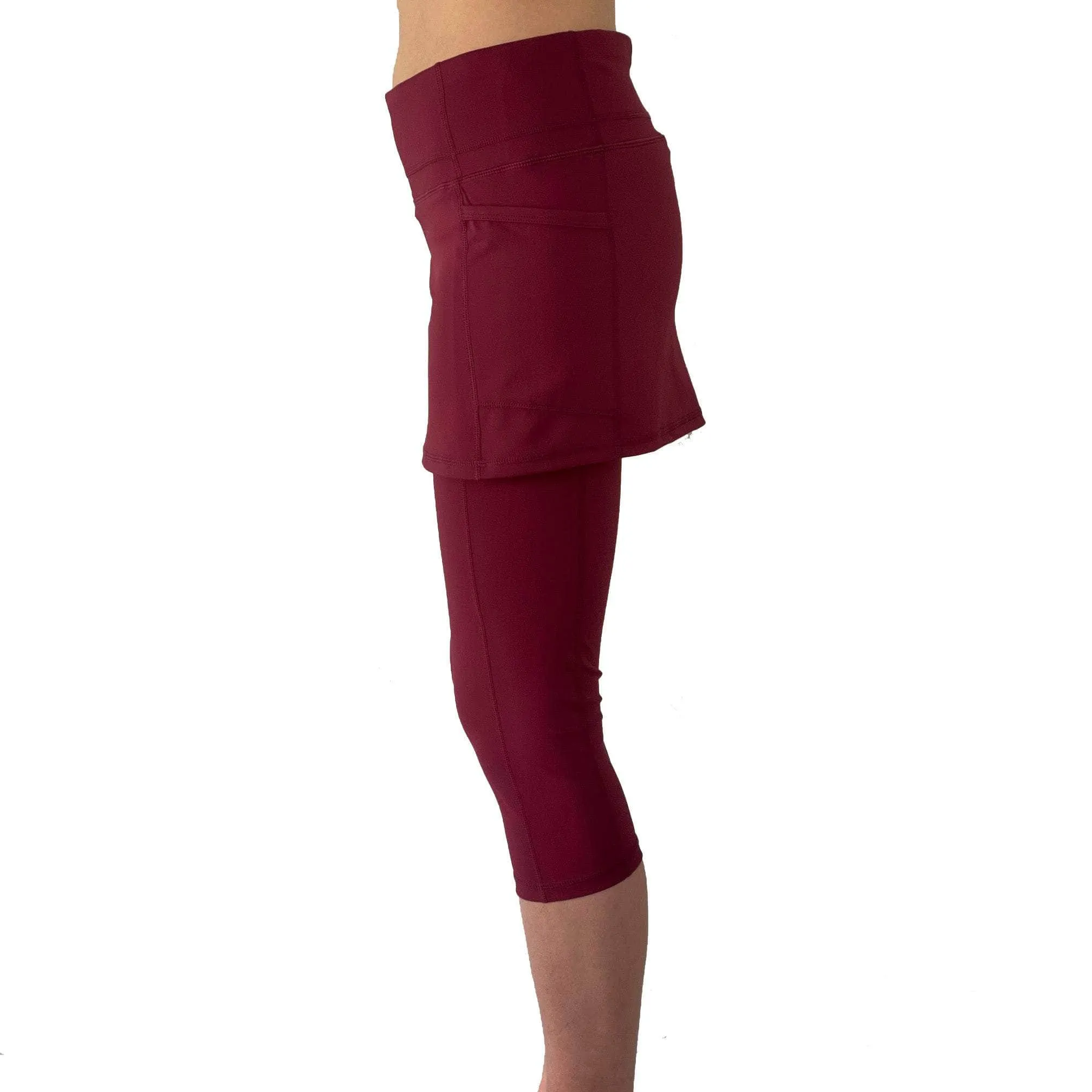 Cranberry Red Skirted Capris Leggings with Pockets