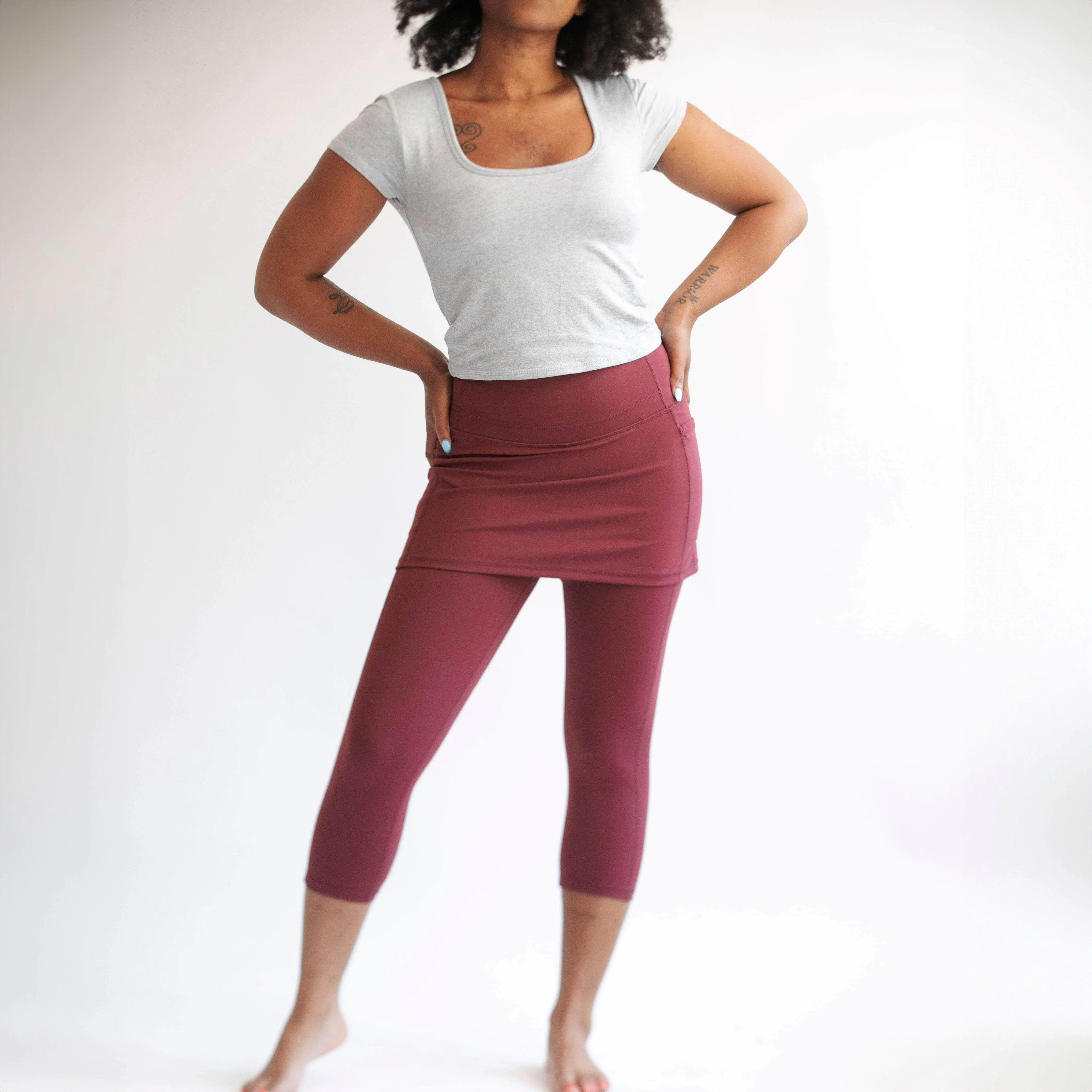 Cranberry Red Skirted Capris Leggings with Pockets