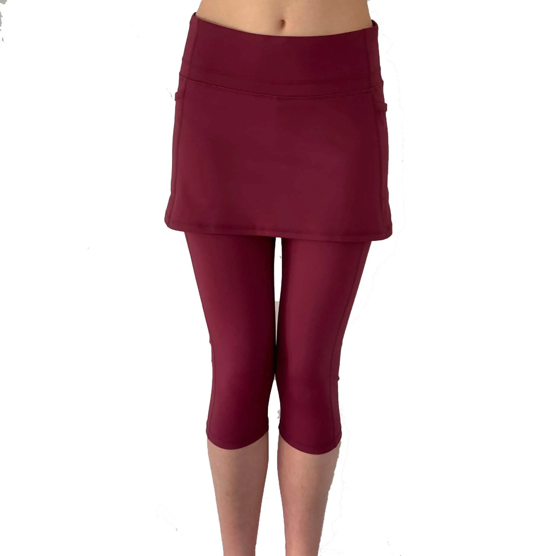Cranberry Red Skirted Capris Leggings with Pockets