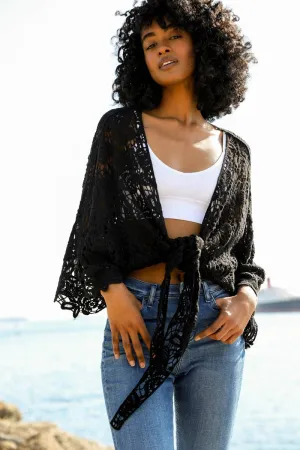 Crochet Floral Petal Kimono Wrap: Black