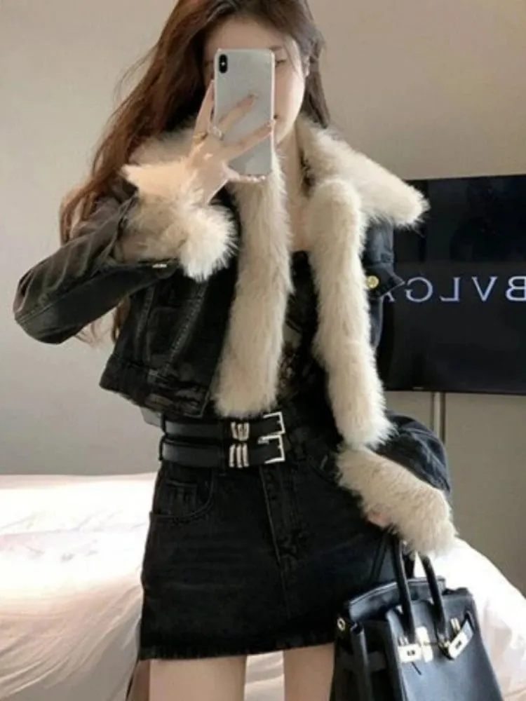 Cropped Black Thick Furry Collar Warm Coats