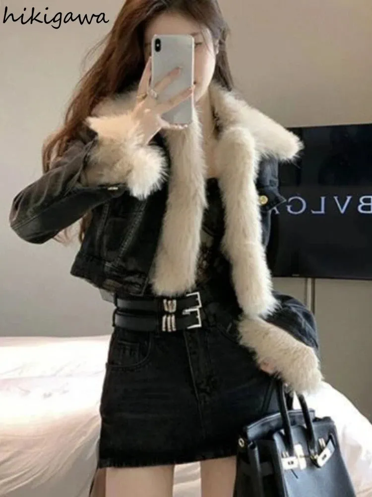 Cropped Black Thick Furry Collar Warm Coats