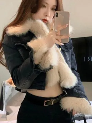 Cropped Black Thick Furry Collar Warm Coats