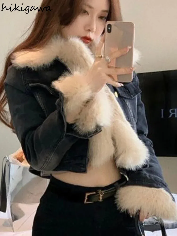 Cropped Black Thick Furry Collar Warm Coats