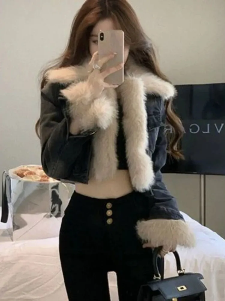 Cropped Black Thick Furry Collar Warm Coats