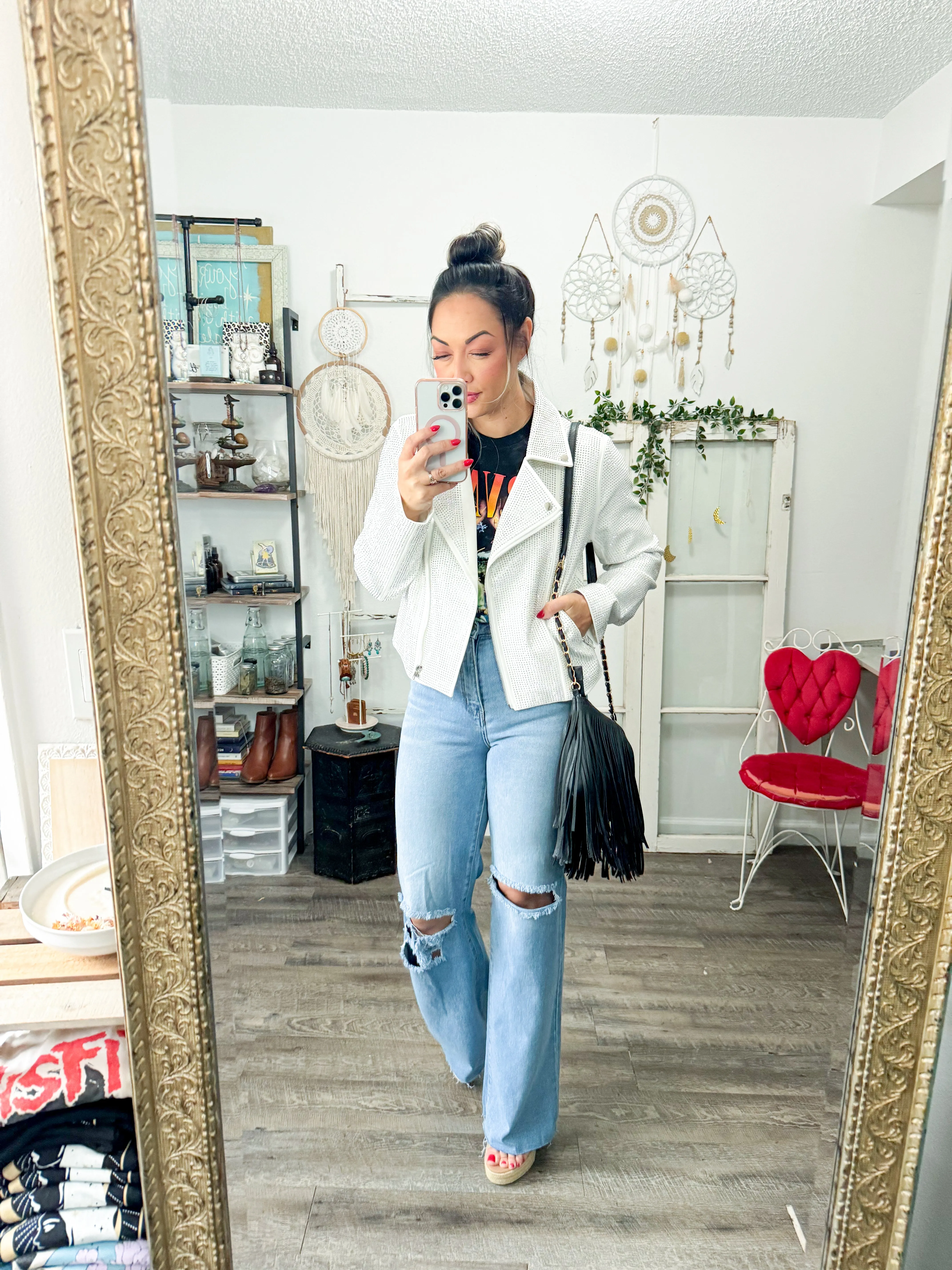 Crystal Studded Stretch Zip Up Moto Jacket
