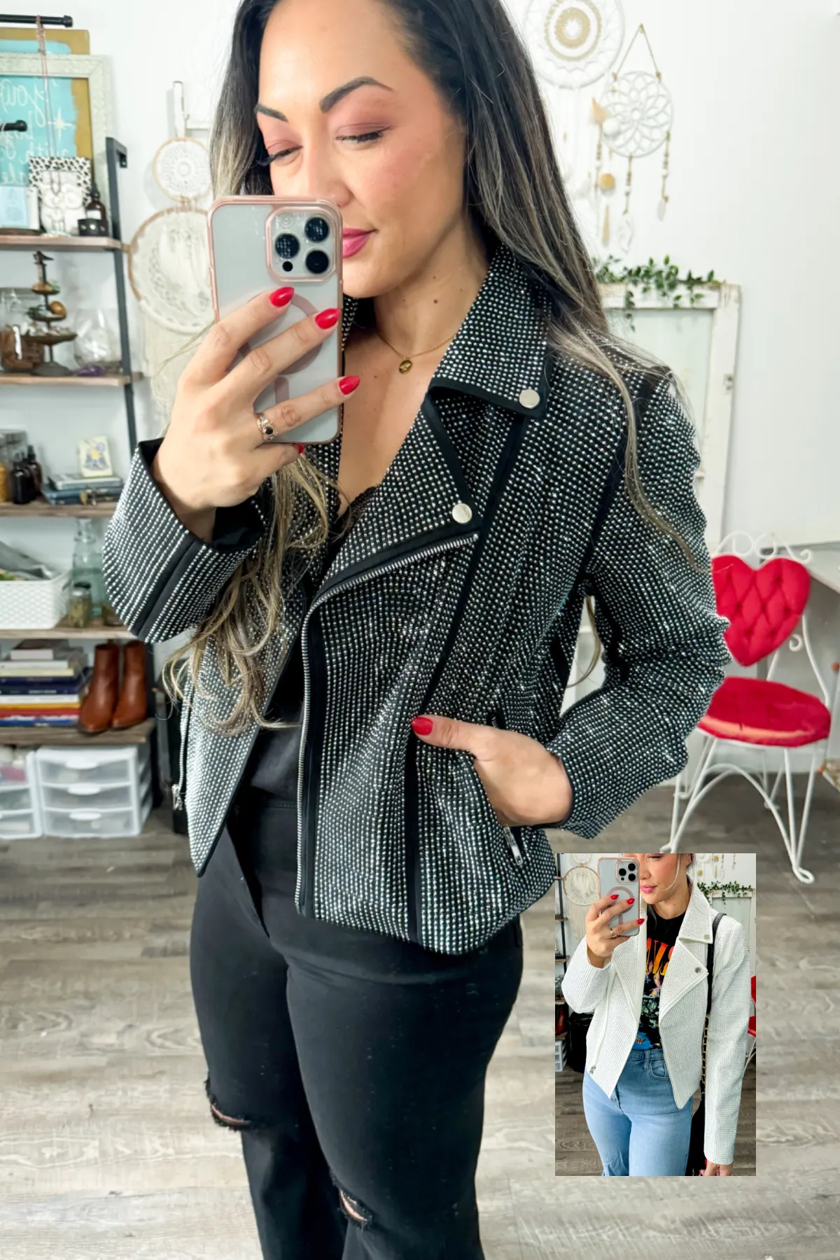 Crystal Studded Stretch Zip Up Moto Jacket