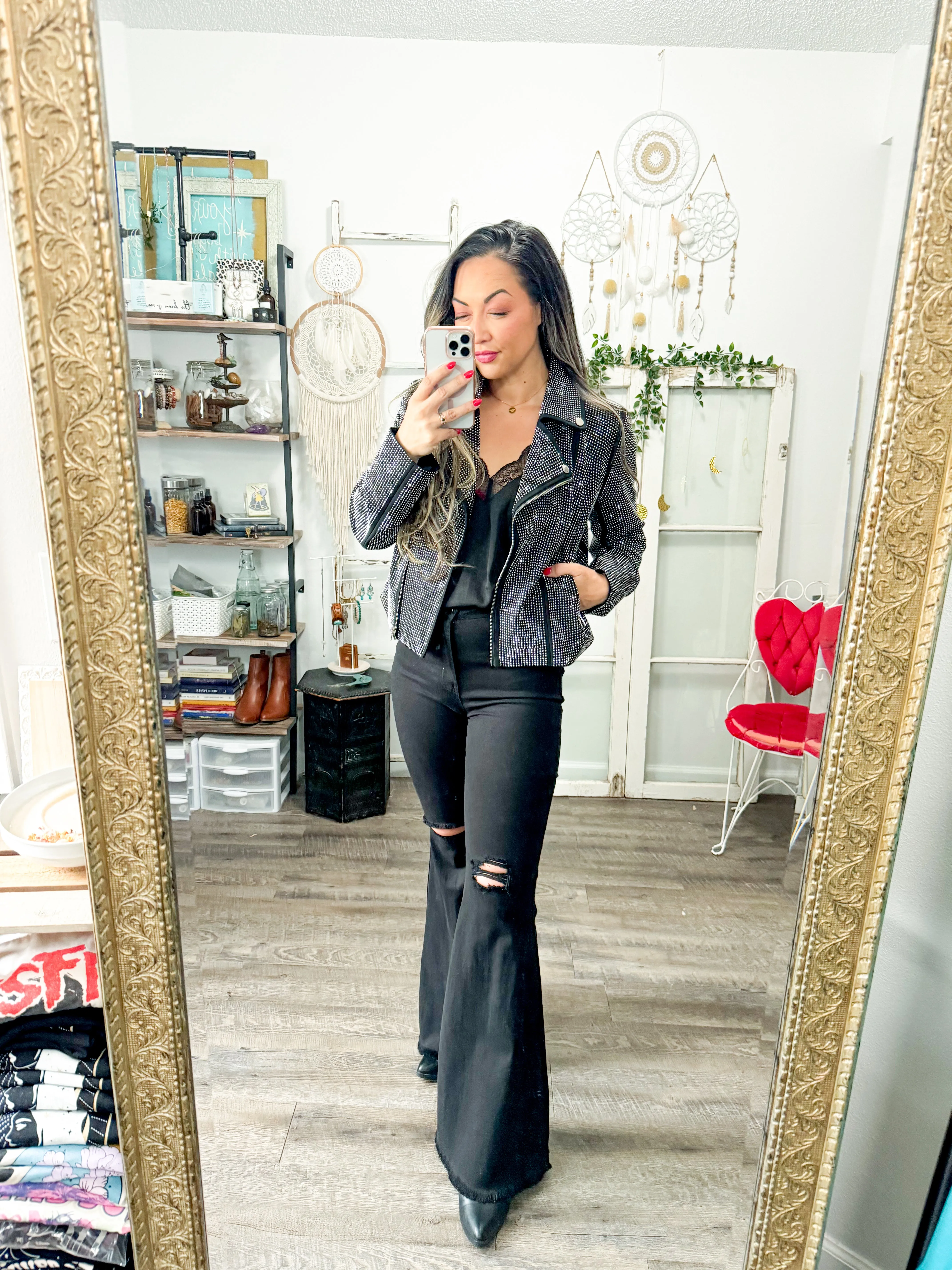 Crystal Studded Stretch Zip Up Moto Jacket