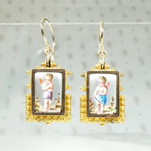 Cupid Earrings in Pastel Enamel & Etruscan Revival Gold Work