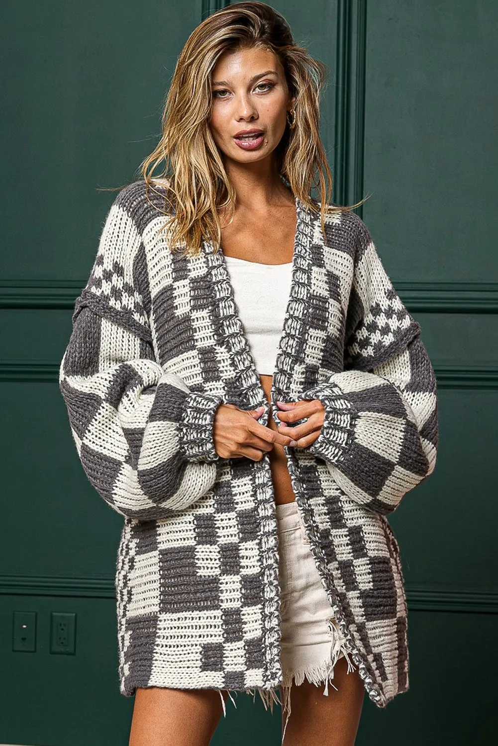 Dark Grey Open Front Mixed Checkered Pattern Knit Cardigan