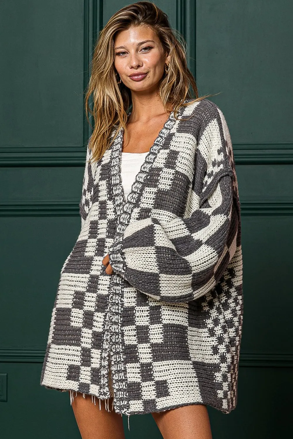 Dark Grey Open Front Mixed Checkered Pattern Knit Cardigan