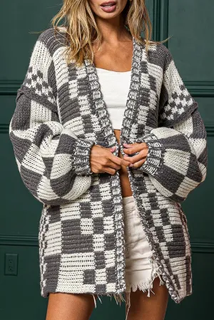 Dark Grey Open Front Mixed Checkered Pattern Knit Cardigan