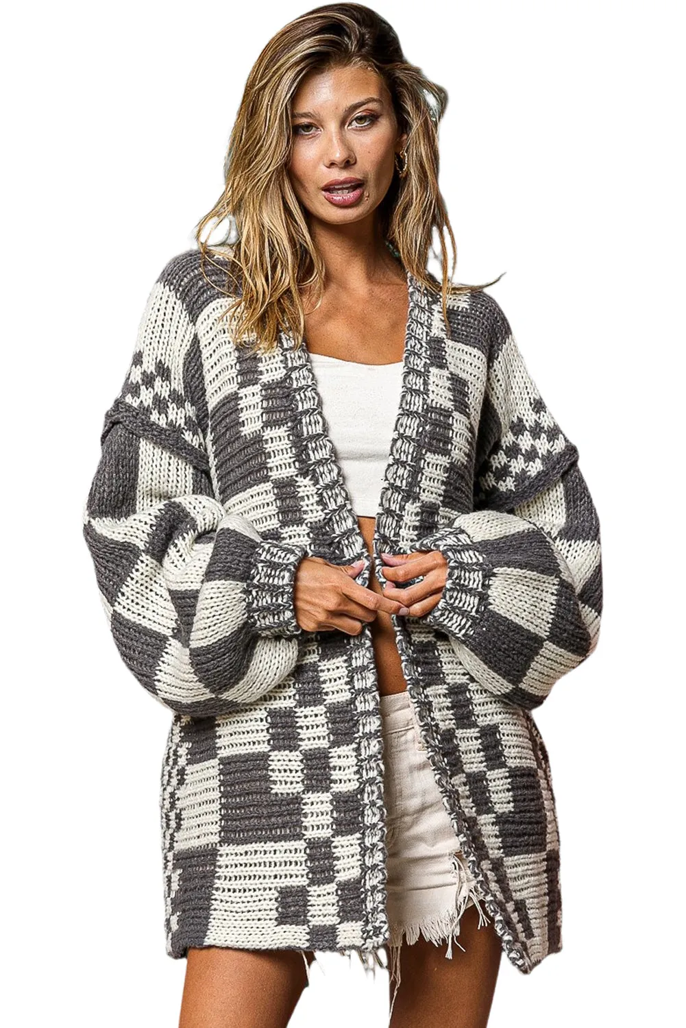Dark Grey Open Front Mixed Checkered Pattern Knit Cardigan