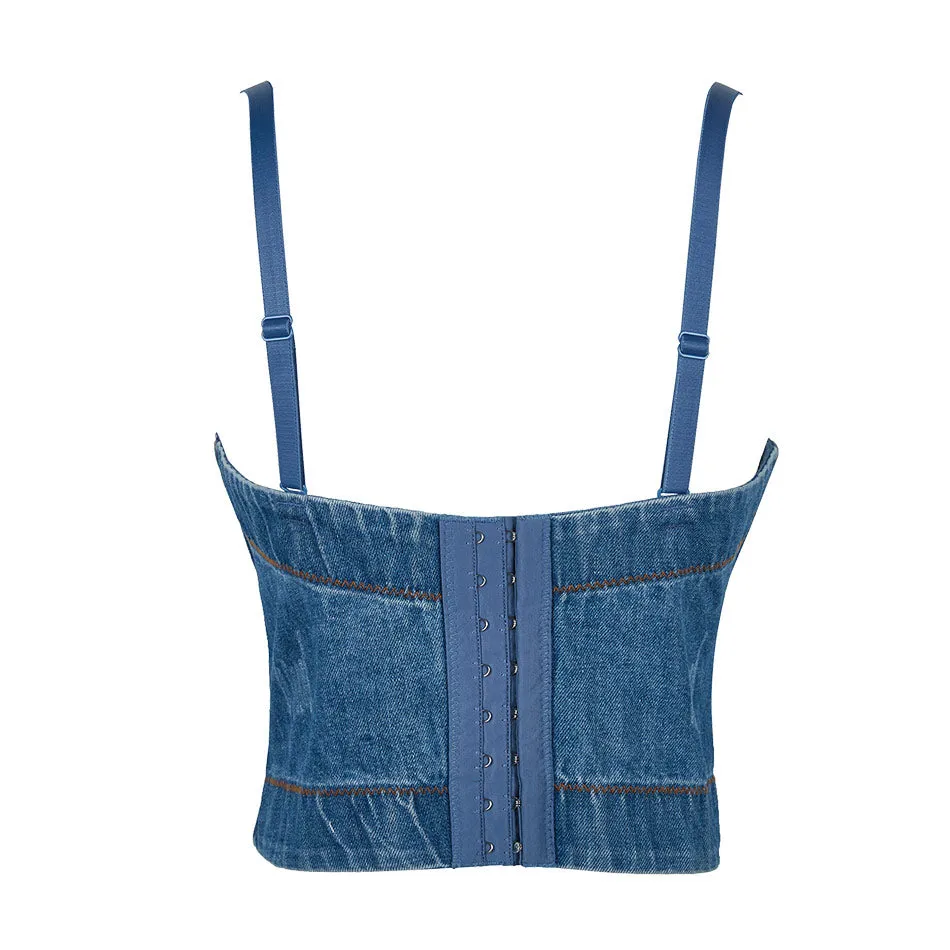 Denim Bow Floral Sleeveless Elegant Ladies Crop Tops