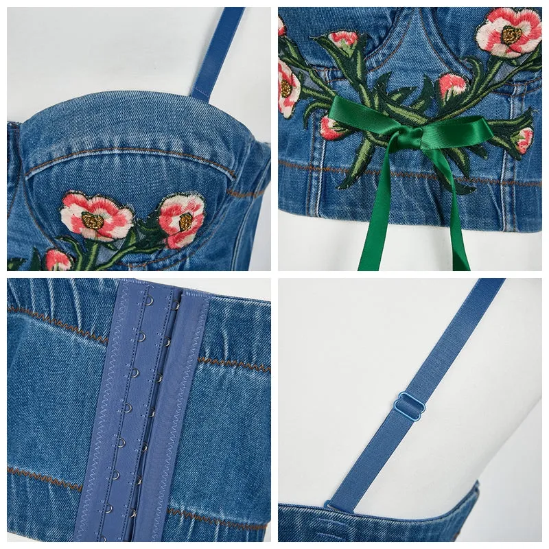 Denim Bow Floral Sleeveless Elegant Ladies Crop Tops