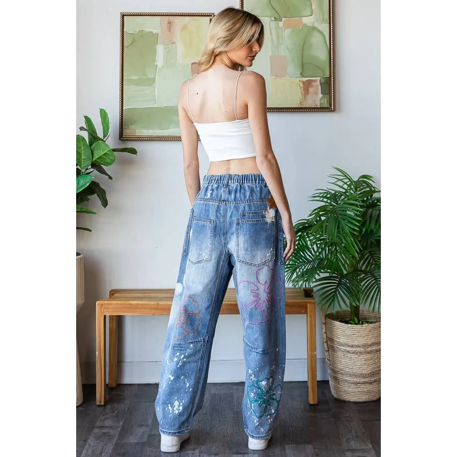 Denim Flower Embroidered Wide Leg Washed Oli Hali Jeans