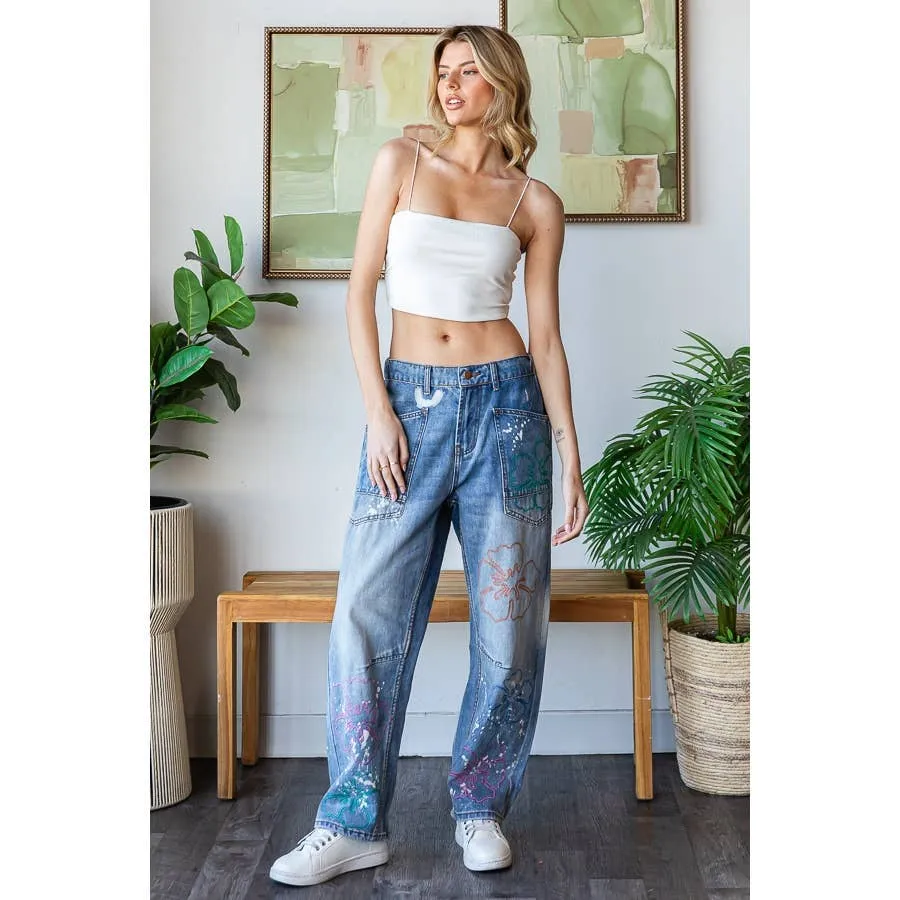 Denim Flower Embroidered Wide Leg Washed Oli Hali Jeans