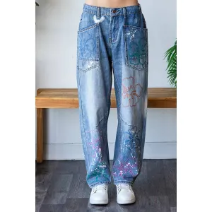 Denim Flower Embroidered Wide Leg Washed Oli Hali Jeans