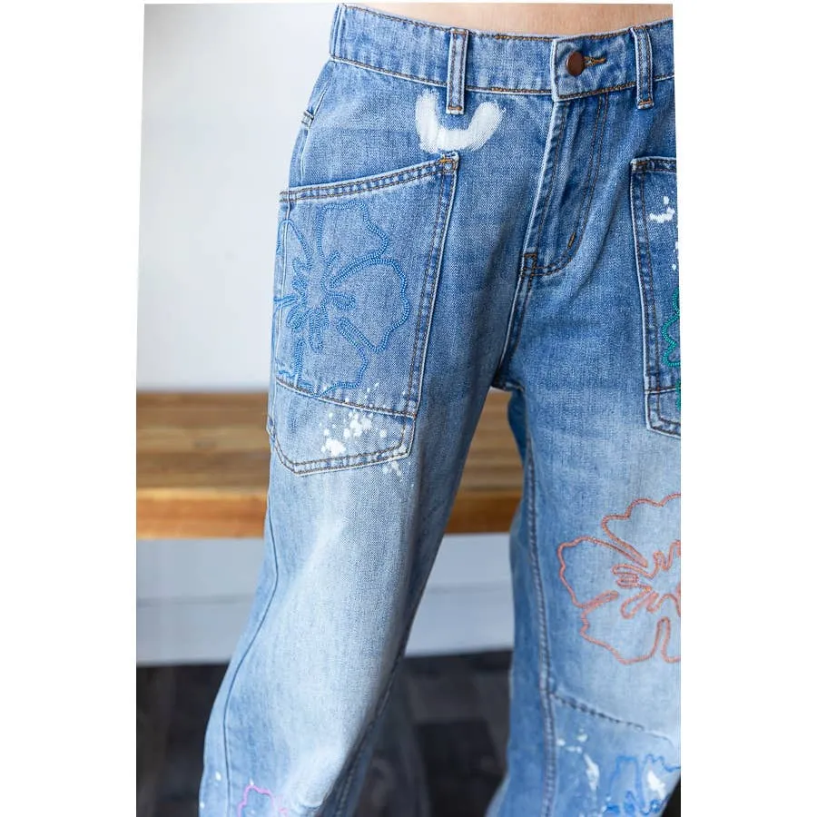 Denim Flower Embroidered Wide Leg Washed Oli Hali Jeans