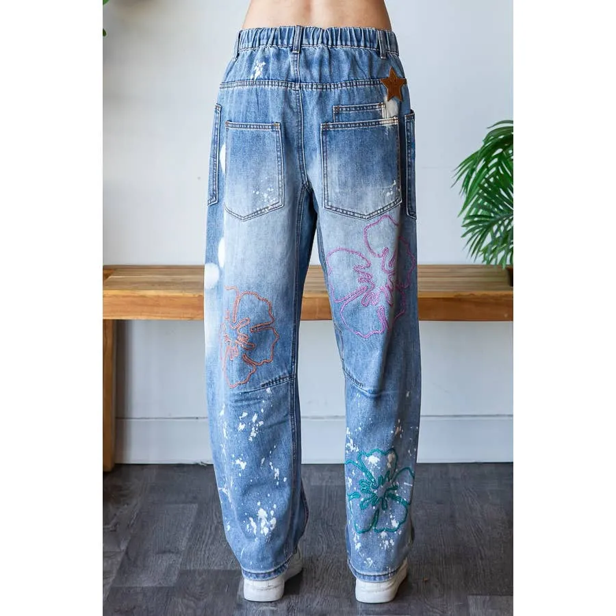 Denim Flower Embroidered Wide Leg Washed Oli Hali Jeans