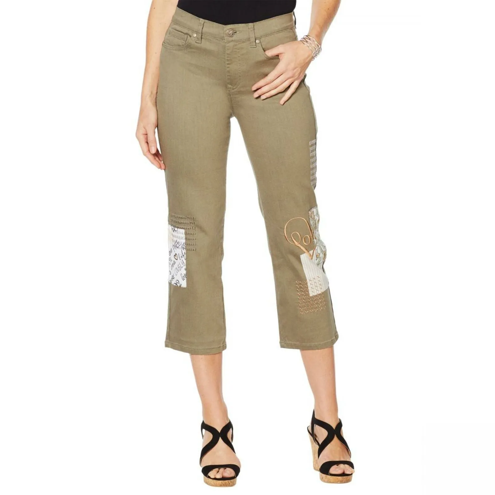 DG2 by Diane Gilman Classic Stretch Embroidered Cropped Jeans Olive 4