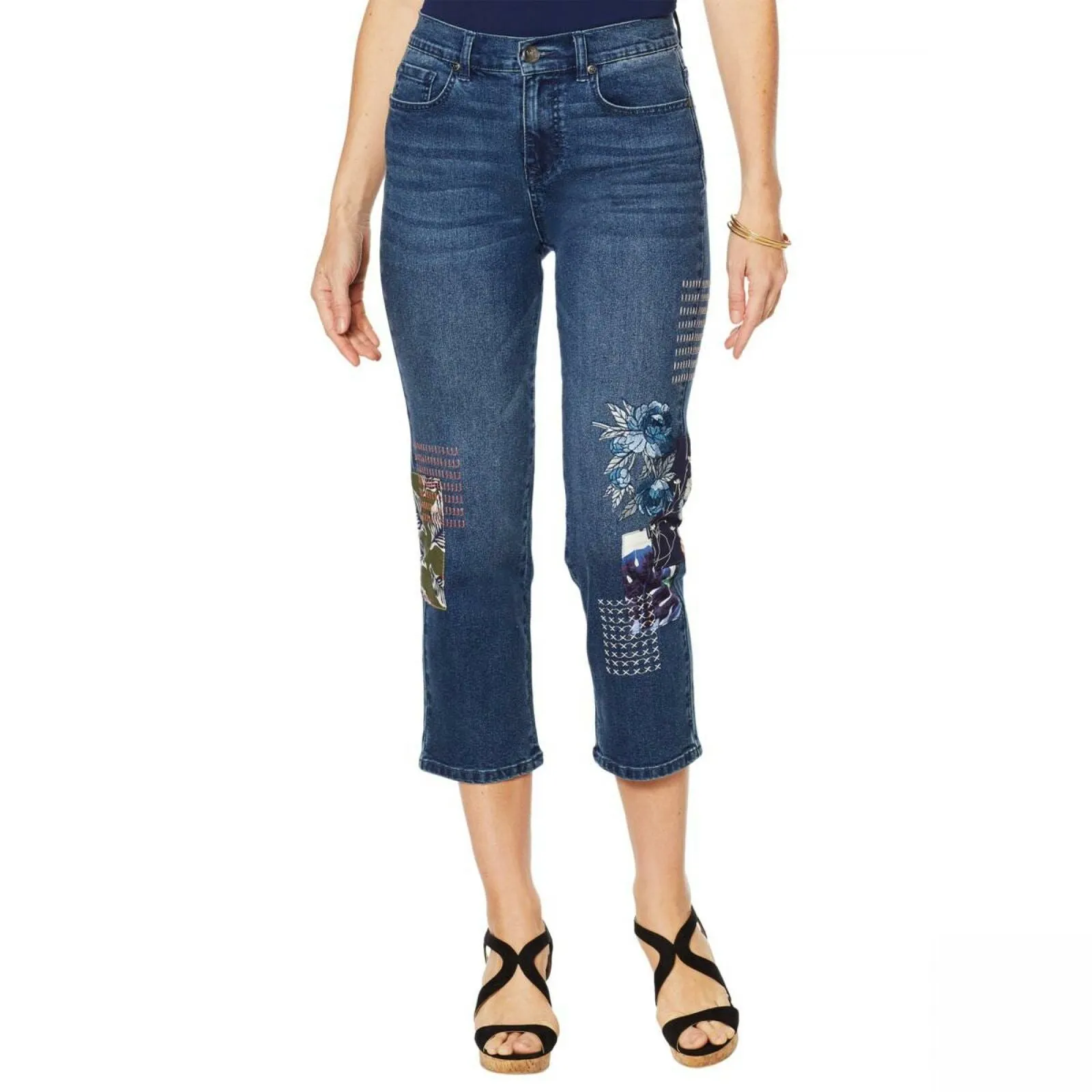 DG2 by Diane Gilman Women's Petite Classic Stretch Embroidered Cropped Jeans