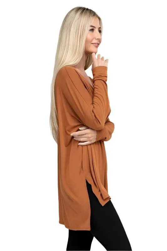 Dolman Long Sleeve V-Neck Side Slit Hi-Low Hem Top