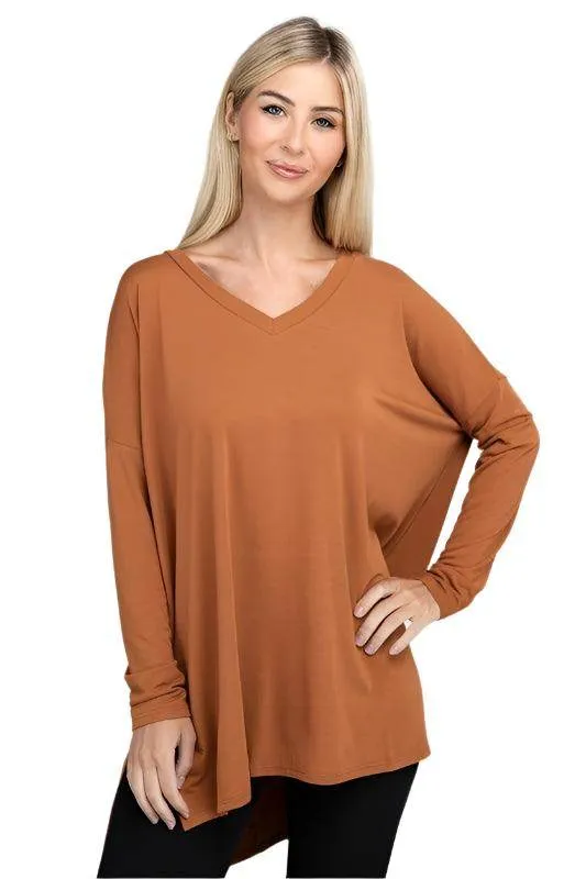 Dolman Long Sleeve V-Neck Side Slit Hi-Low Hem Top