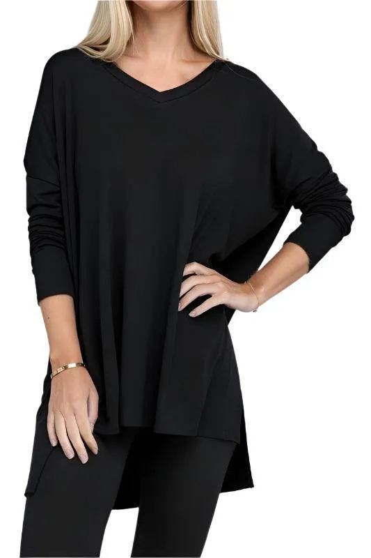 Dolman Long Sleeve V-Neck Side Slit Hi-Low Hem Top