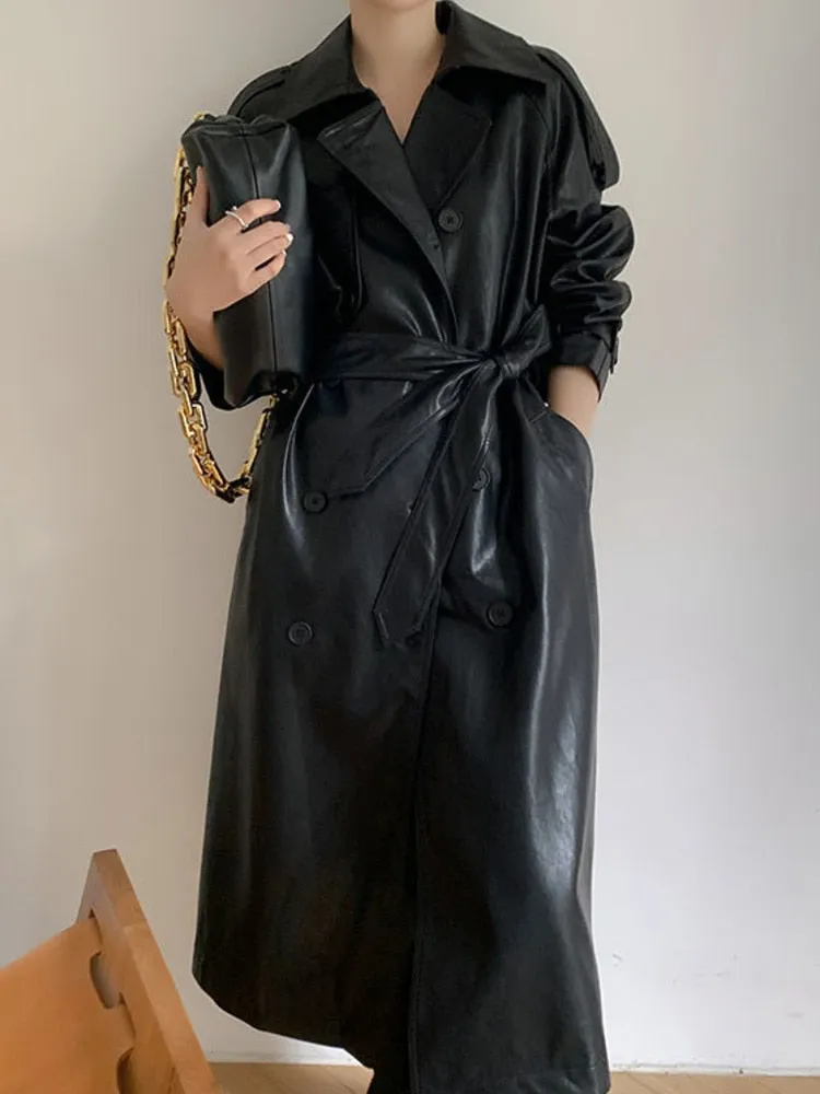 Double Breasted PU Leather Coat Women's Lapel with Belt Vegan Leather Coat