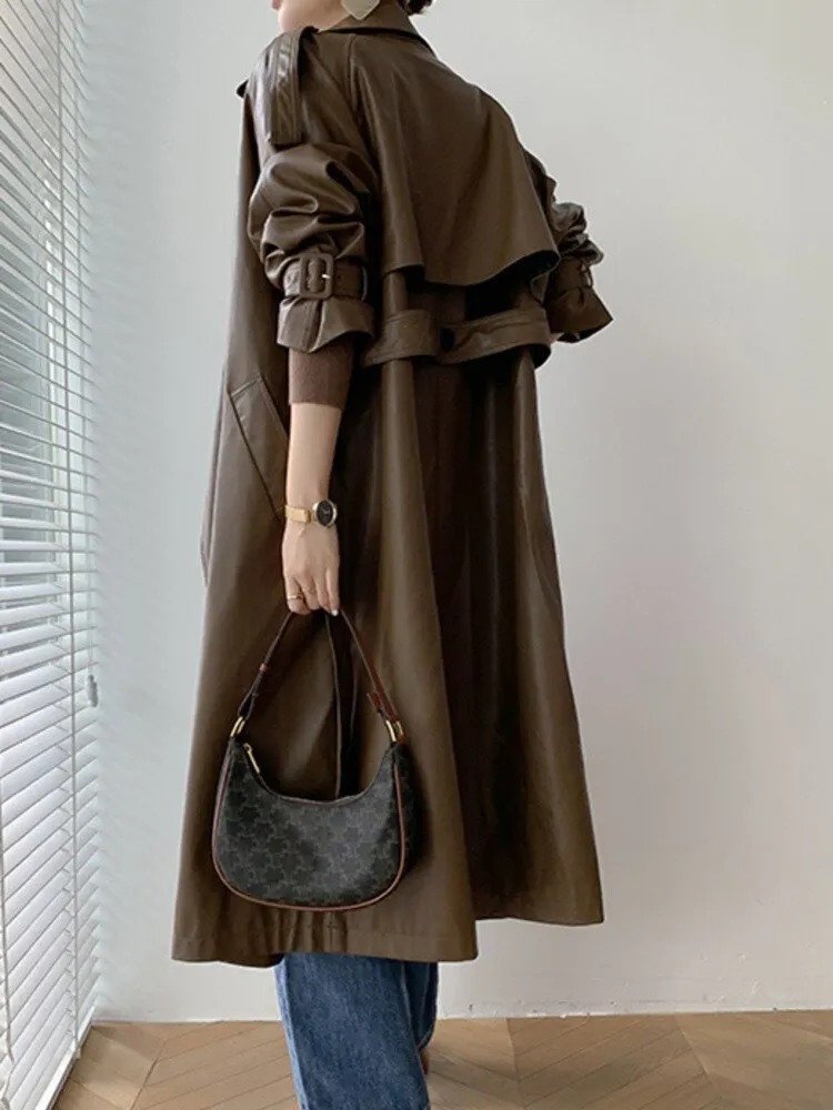 Double Breasted PU Leather Coat Women's Lapel with Belt Vegan Leather Coat