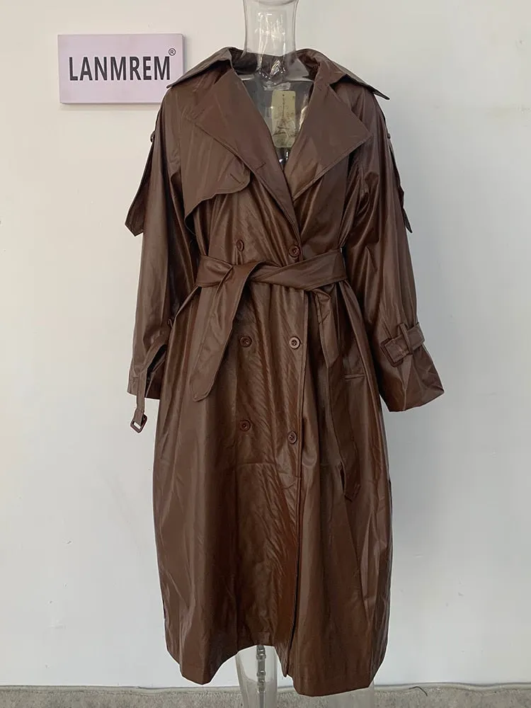 Double Breasted PU Leather Coat Women's Lapel with Belt Vegan Leather Coat