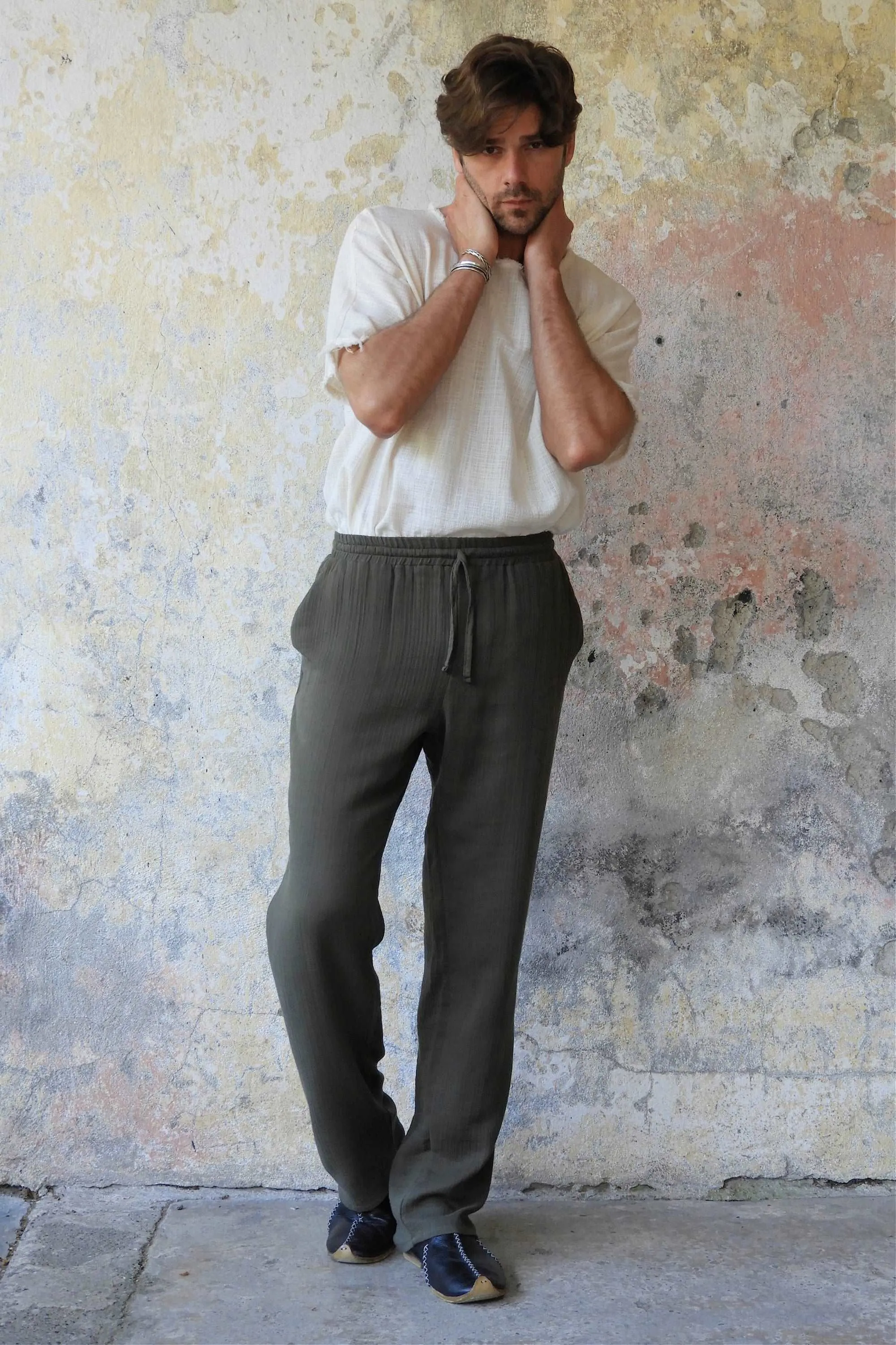 DUNE Organic Gauze Cotton Pants (Army Green, Dusty Mint)