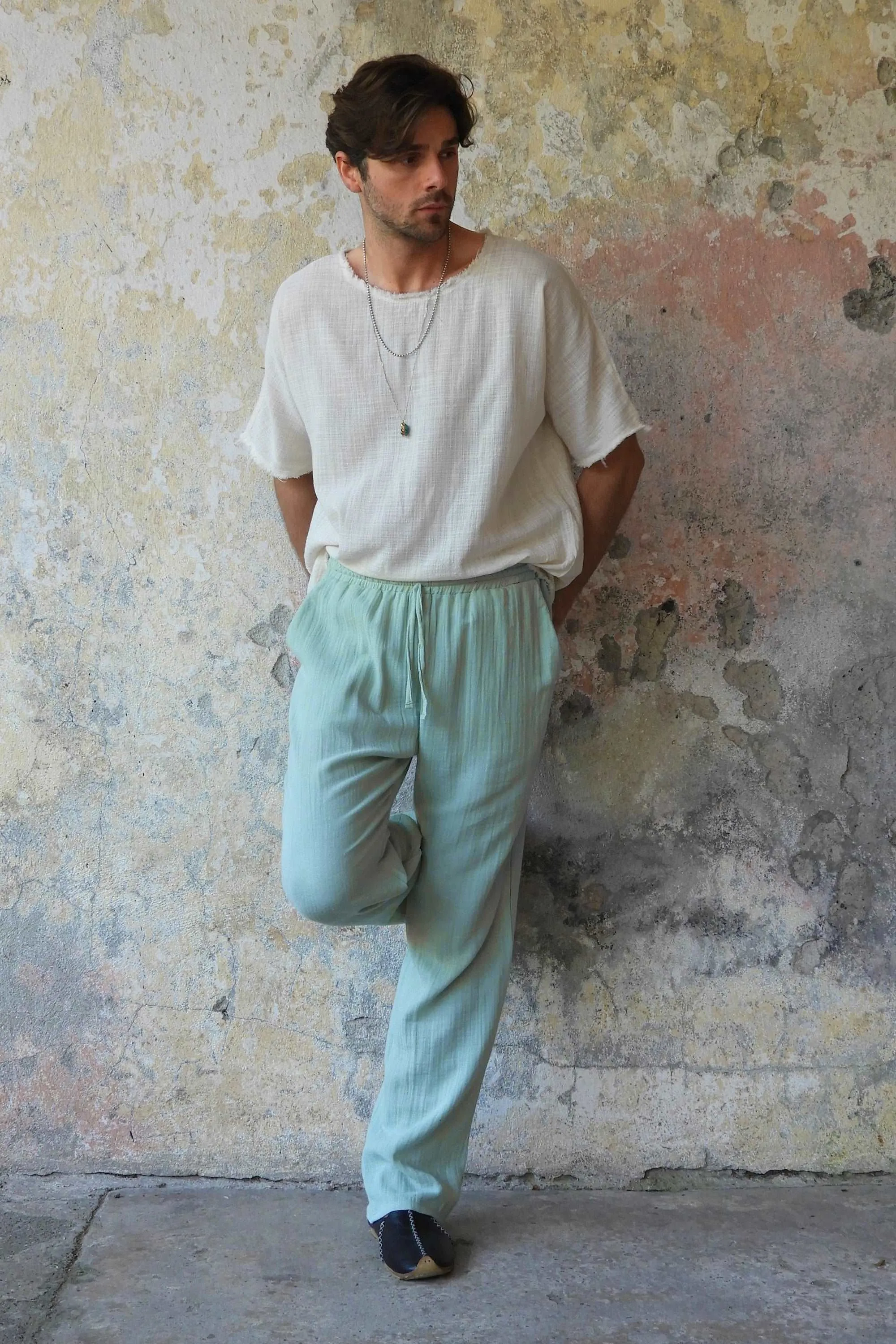 DUNE Organic Gauze Cotton Pants (Army Green, Dusty Mint)
