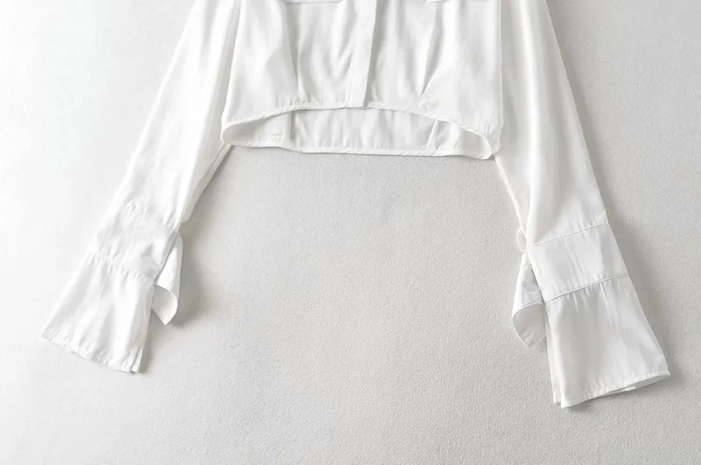 Elegant Flared Sleeve Mandarin High Collar Shirts Crop Tops