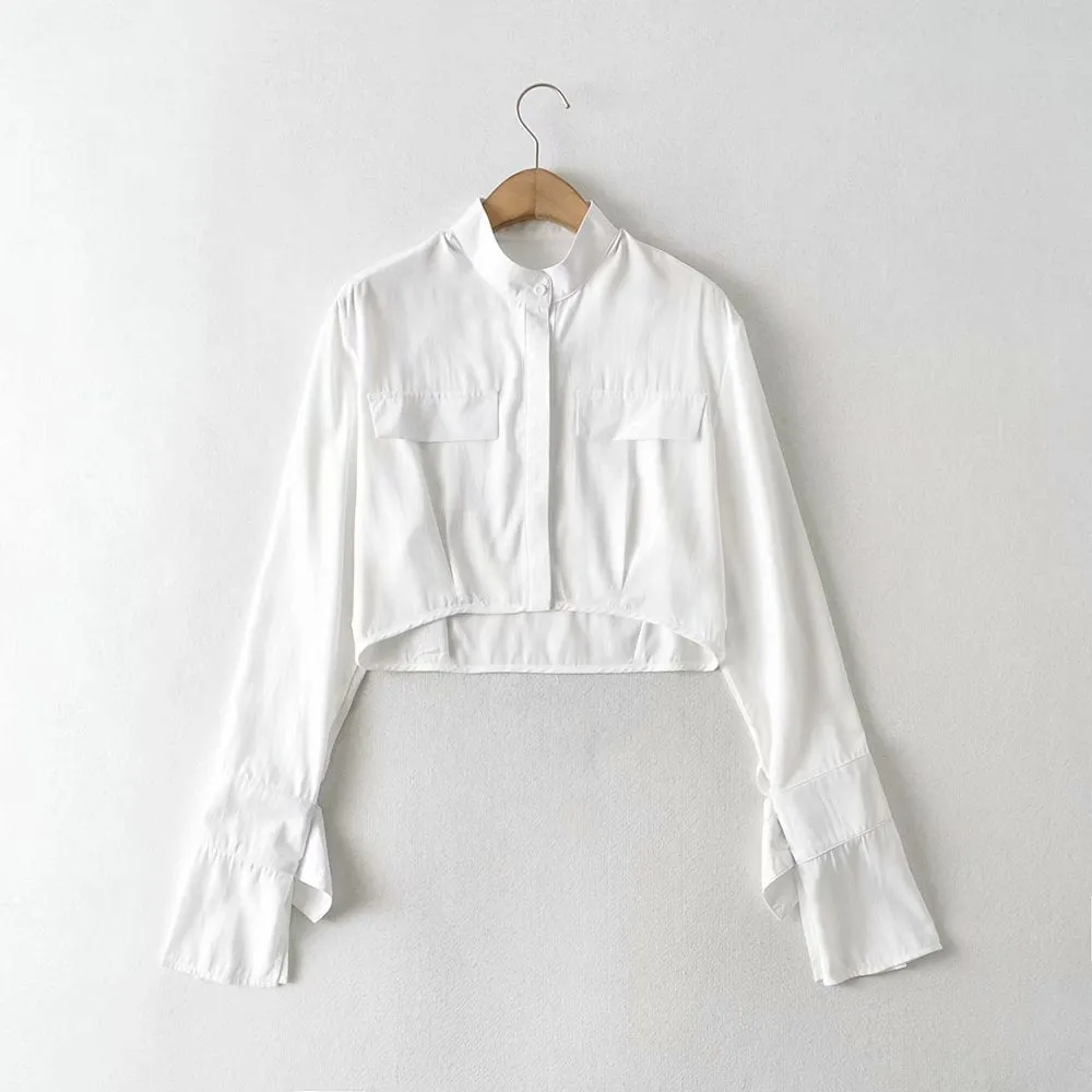 Elegant Flared Sleeve Mandarin High Collar Shirts Crop Tops
