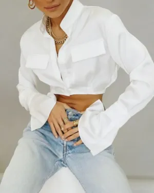 Elegant Flared Sleeve Mandarin High Collar Shirts Crop Tops