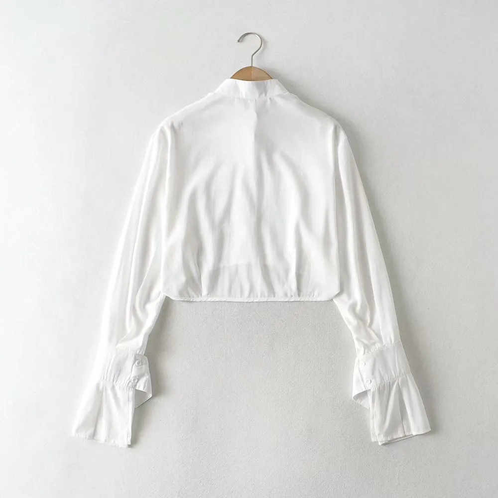Elegant Flared Sleeve Mandarin High Collar Shirts Crop Tops