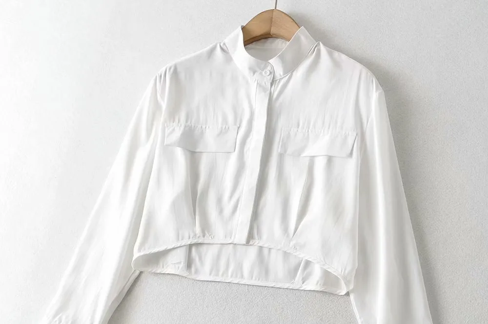 Elegant Flared Sleeve Mandarin High Collar Shirts Crop Tops