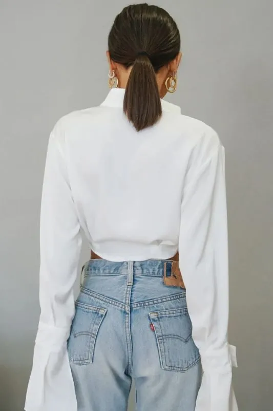 Elegant Flared Sleeve Mandarin High Collar Shirts Crop Tops