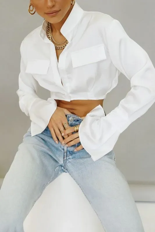 Elegant Flared Sleeve Mandarin High Collar Shirts Crop Tops