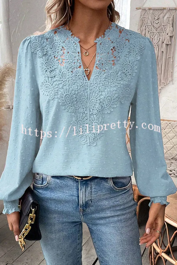 Elegant Lace Paneled Long-sleeved V-neck Shirt Top