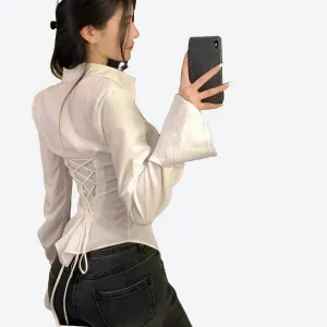 Elegant Lace-Up Back Blouse Tops